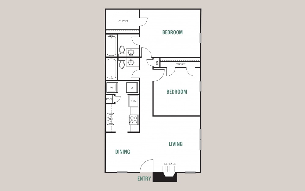 B1 - 2 bedroom floorplan layout with 2 baths and 940 square feet.