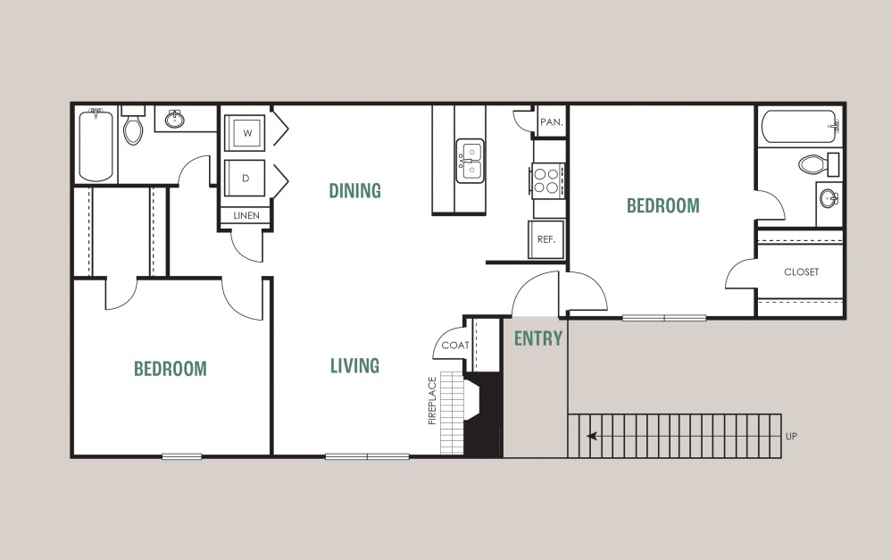 B2 - 2 bedroom floorplan layout with 2 baths and 985 square feet.